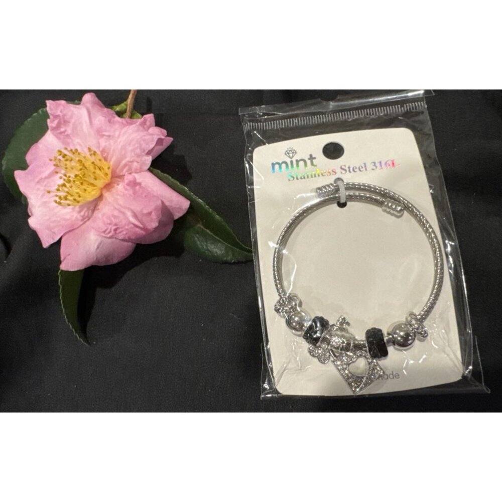 Mint Stainless Steel Heart PadLock Crystals Charm Silvertone Bangle Bracelet NEW - Picture 7 of 8
